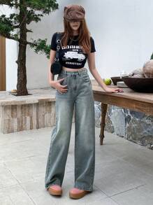 DAZY Pantalones de mezclilla rectos para mujer con bolsillos, jeans casuales - Azul - Ver 2