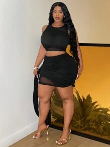 Maweii Ensemble de haut court et jupe froncée à taille cravate pour femme grande taille en maille pour l'été - Noir - Voir 5