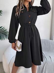 Autumn Lapel Collar Shirt Dress Tie-Waist With Mock Pockets Ruffle Trim Long Sleeve Solid Color Casual Elegance - 黑色 - 查看 4