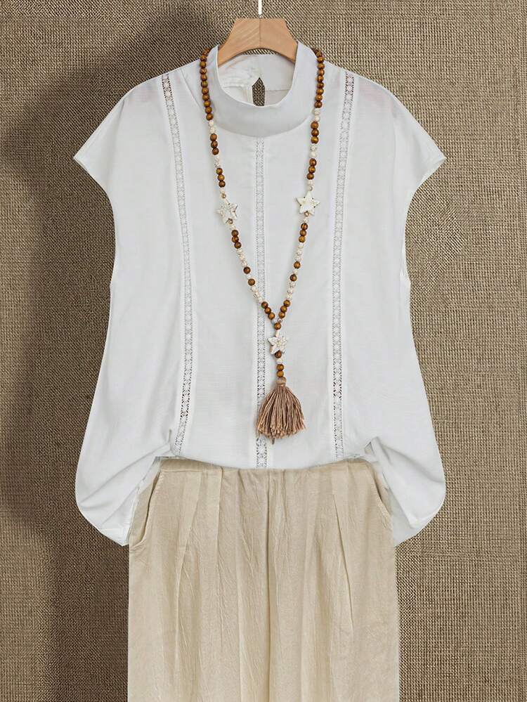 Linen Summer Women's Stand Collar Cap Sleeve Casual Shirt