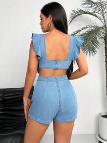 SHEIN EZwear Bộ đồ liền thân denim khoét lưng khoét lưng thông thường dành cho nữ, mùa hè - Màu xanh lam - Xem 2