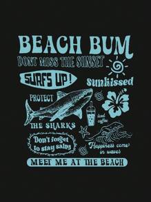 SHEIN Essnce 女士夏季休閒鯊魚印花短袖T恤，帶標語，圓領 - 黑色 - 查看 4