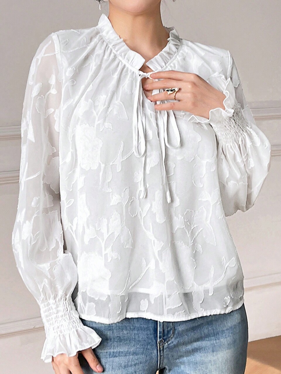 Women's Solid Color Ribbon Tie Casual Long Sleeve Shirt With Ruffle Hem