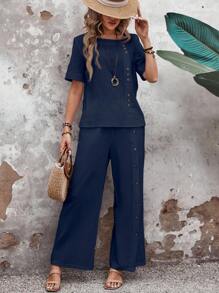 EMERY ROSE 女性時尚寬鬆側扣設計短袖上衣和長褲套裝 - 藏蓝色 - 查看 6