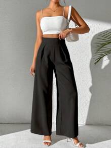 SHEIN PETITE Pantalones largos de uso diario lisos y sencillos para damas - Negro - Ver 4