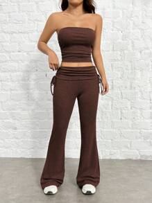SHEIN EZwear 女性時尚棕色褶皺無肩帶上衣&喇叭褲修身套裝，夏季 - 棕色 - 查看 3