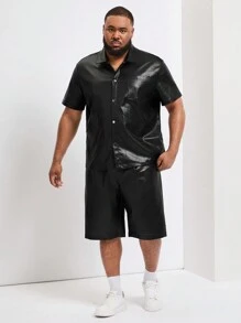 Manfinity Homme Men's Plus Size Solid Color Simple Short Sleeve Shirt And Shorts Set - Black - View 4