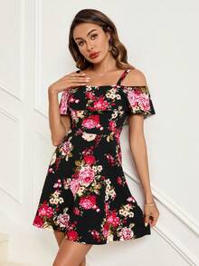 SHEIN Clasi Vestido de primavera con hombros descubiertos, estampado floral y detalle de volantes - Negro - Ver 6