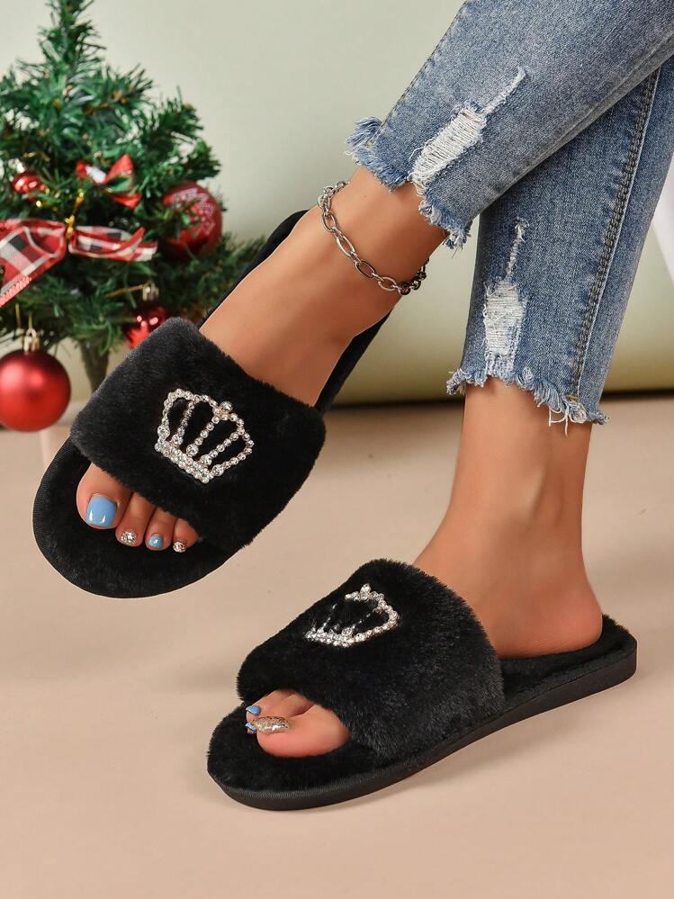 Fall/Winter Women's Metallic Crown Decor Fluffy Flat Slip-On Slippers, Solid Color Open Toe Indoor House Slippers With Rhinestones, Suitable For Mother's Day, Women's Day - Black - View 7