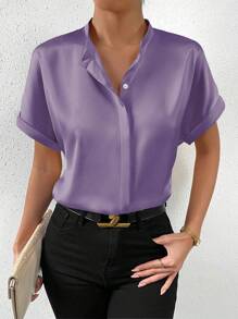 Chiquease Summer Casual Solid Color Stand Collar Batwing Sleeve Shirt - Mauve Purple - View 3
