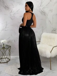 女士金属面料高开衩半身裙，适合夏季派对穿着，黑色春季款 - 黑色 - 查看 4