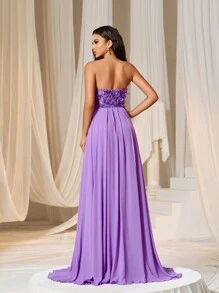 Đầm Dây kéo Đề can ghép mộng kim sa màu trơn Thanh lịch - Màu tím hoa cà - Xem 2