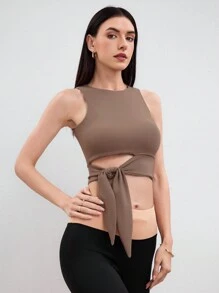 Easithlete Women's Stylish Solid Color Slim Fit Twist Design Sports Tank Top Workout Tops - Khaki - View 1