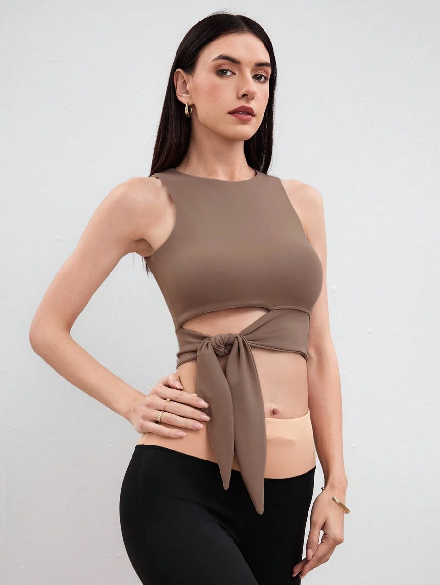 Easithlete Women's Stylish Solid Color Slim Fit Twist Design Sports Tank Top Workout Tops - Khaki - View 1