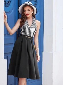 Vintamour Váy sọc thanh lịch cổ điển dành cho nữ có cổ yếm, cổ bẻ và chân váy xòe, màu đen, quần áo trở lại trường, quần áo giáo viên, trang phục Pride, trang phục hòa nhạc cho phụ nữ, váy cài nút, váy công sở phong cách Old Money, váy dài cho phụ nữ, váy Hawaii - màu đen - Xem 7