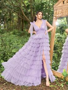 Faeriesty Váy dạ hội cổ chữ V sâu có lưới viền bánh dành cho nữ - Màu Lilac Tím - Xem 6