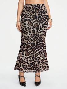 ROMWE Falda larga con cola de pescado con estampado de leopardo para mujer de moda de verano - Multicolor - Ver 1