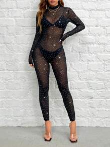 SHEIN PETITE 優雅性感黑色閃亮連身裝，鑲有鉆石細節網眼（內衣除外） - 黑色 - 查看 7