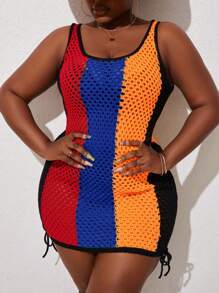 Maweii 大尺碼女士對比色中空毛衣連衣裙，適用於日常穿著 - 橘色 - 查看 4