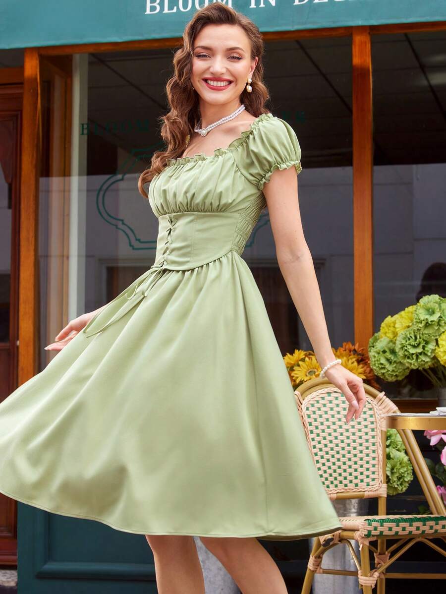 SHEIN DECDS Vestido elegante vintage para mujer, corte holgado, cuello cuadrado, mangas abullonadas, pliegues, volantes, cinturón en la cintura, lazo cruzado, lazo, vestido verde agua tipo paraguas para primavera/verano, estilo Bridgerton, vestido casual, vestido largo, vestido tipo lechera, vestidos de verano para mujer, ropa de otoño, ropa de vuelta al colegio, vestido para concierto - Verde - Ver 1