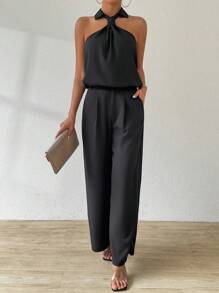 SHEIN LUNE Women's Solid Color Off-Shoulder Simple Daily Wear Top And Pants 2 Pieces Set