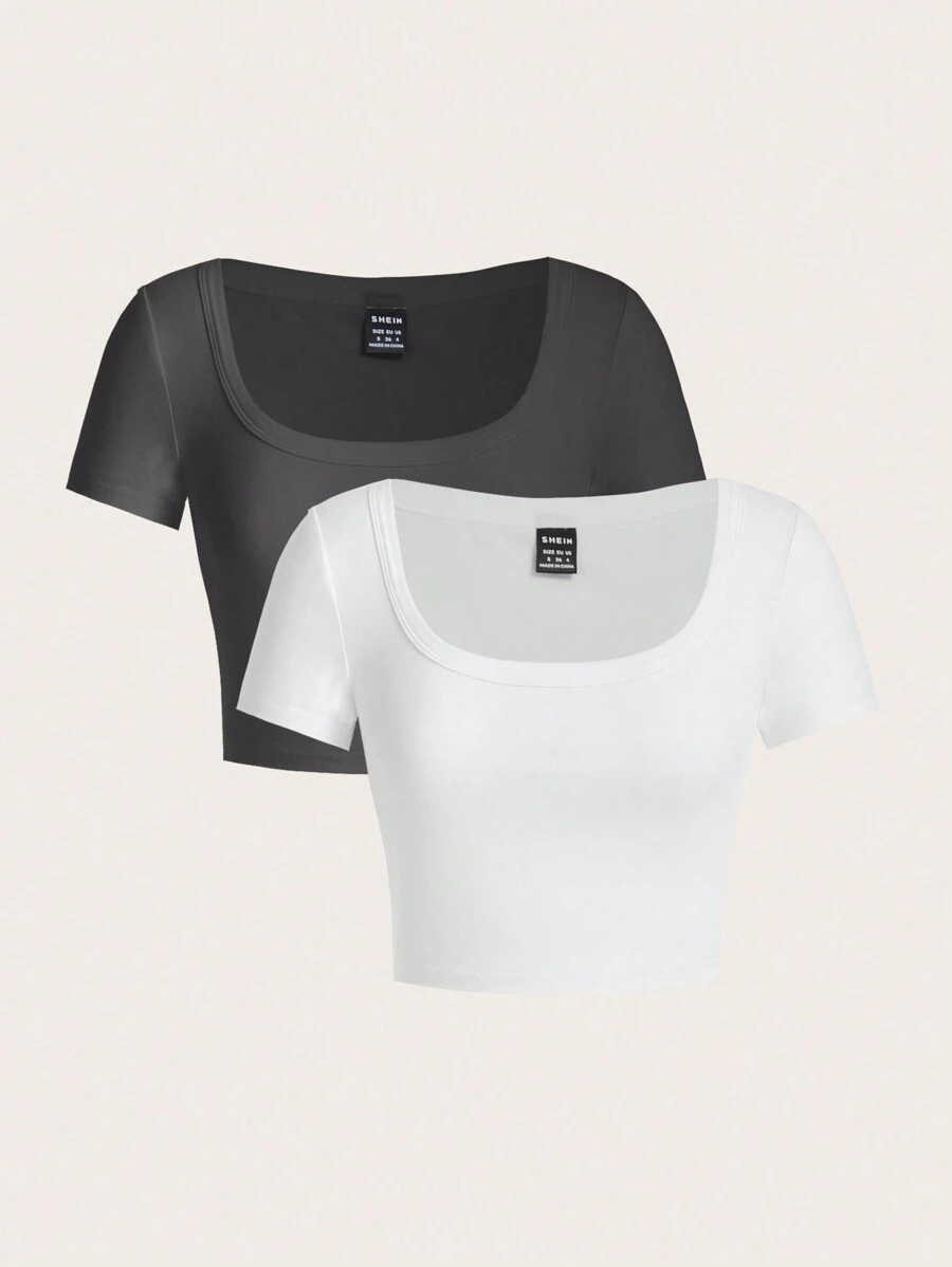 SHEIN EZwear 2pcs Simple Round Neck Short Sleeve Slim Fit Women's T-Shirt, Summer Suitable For Going Out - Multicolor - View 1