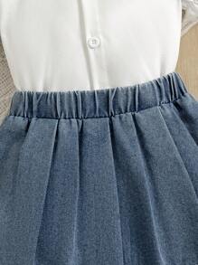 3pcs Fashionable Baby Girls' Puff Sleeve Shirt And Embroidered Denim Top, Simple Denim Pleated Skirt - Navy Blue - View 8