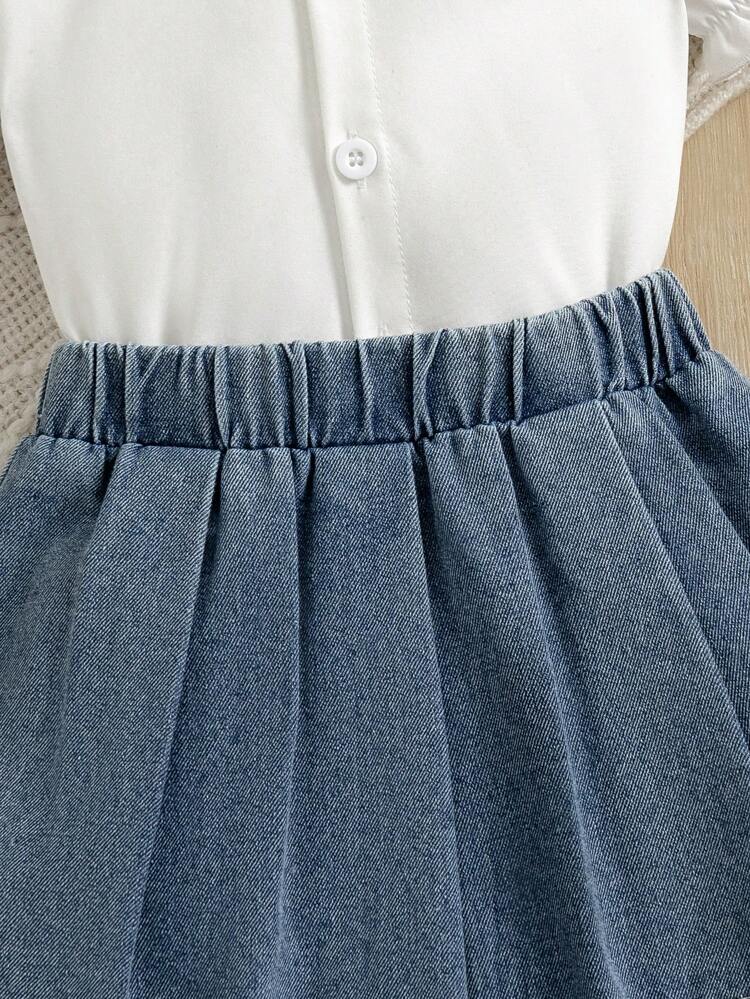 3pcs Fashionable Baby Girls' Puff Sleeve Shirt And Embroidered Denim Top, Simple Denim Pleated Skirt
