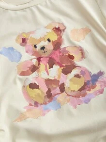 SHEIN MOD Women's Cute Graphics Short Sleeve T-Shirt ,Waist Drawstring Tie With Bow ,Pink & Beige Oil Painting Style Cute Bear Waist-Tie  Elastic , Funny Cream-Colored , Comfy Summer T Shirts - Apricot - View 4