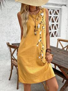 EMERY ROSE Women's Floral Embroidery Sleeveless Vacation Casual Dress - Yellow - View 5