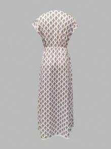 Breezaya Autumn Teacher Printed Wrap Long Dress With Cinched Waist, V-Neck, Bat Wing Sleeves And Side Slit, Extra Long For Women Maxi Women Outfit