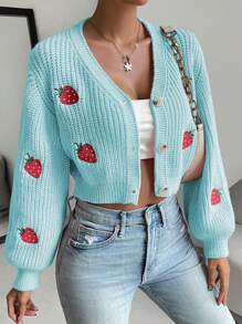 Chiquease 前釦綁 V 領草莓刺繡長袖針織衫 - 藍色 - 查看 7