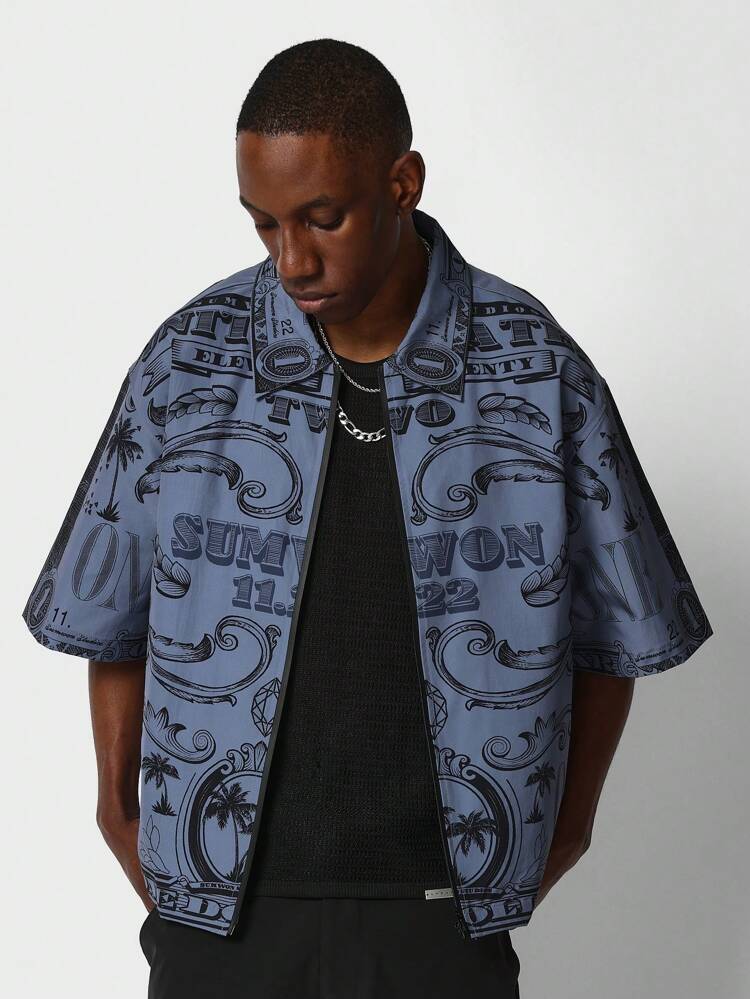 【Anyone more】Arty Nylon Boxy Shirt One Piece Boxy Fit Zip Nylon Shirt With All Over Print｜Sumwon