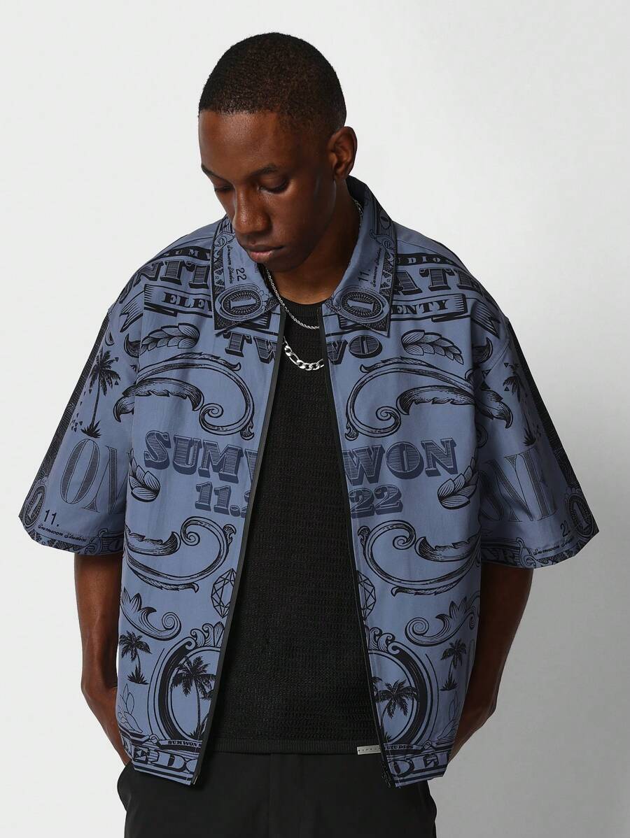 SUMWON Boxy Fit Zip Nylon Shirt With All Over Print - Dark Grey - View 1