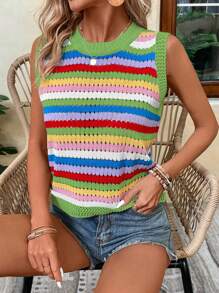 Breezaya Chaleco de suéter casual para mujer con cuello redondo y rayas de colores impresos - verde menta - Ver 4