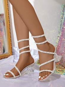 Sandálias femininas de salto alto com strass e pérolas, decoração sexy, peep toe, tiras envolventes com design de cobra, adequadas para festas de verão - Prata - Ver 4