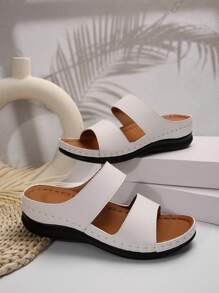 Women's Fashionable White Metal Buckle Decor Wedge Platform Sandals, Hollow-Out Peep Toe Design, Reinforced Stitching, Soft Anti-Slip Soles, Casual Versatile Style