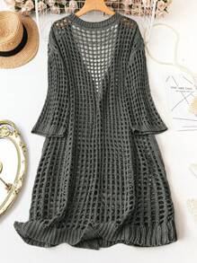Breezaya 寬鬆款海灘度假純色鉸空針織長款開衫外套，大尺碼 - 灰色 - 查看 2