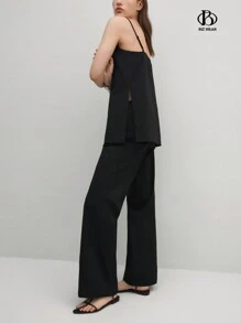BizChic Conjunto de dos piezas elegante para mujer, sin mangas, para ir a citas. Incluye top y pantalón largo. - Negro - Ver 4