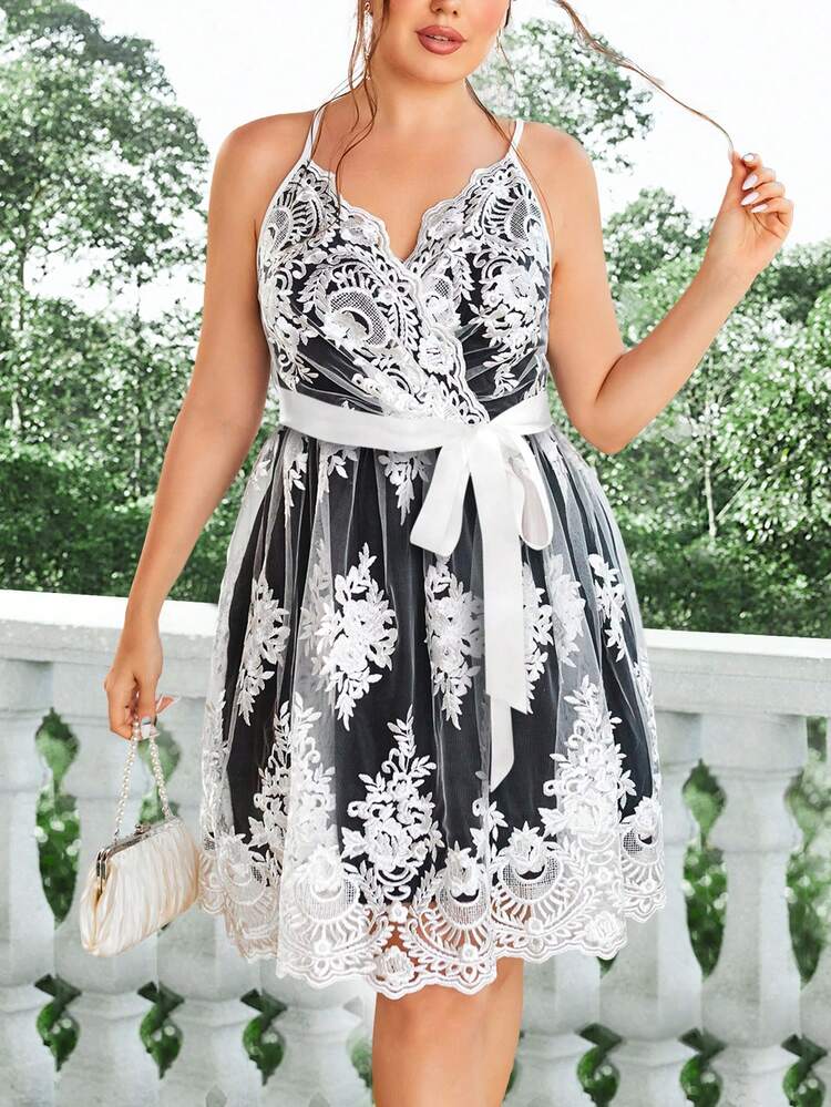 Plus Size Belted Mesh Summer Dress With Spaghetti Straps