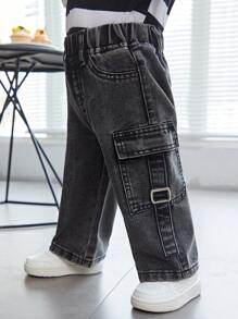 SHEIN 嬰兒男童休閒軟質磨破洗黑色貨袋寬鬆直筒牛仔褲，適用於春夏裝扮 - 灰色 - 查看 4