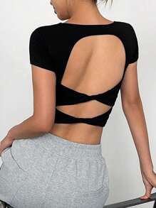 INAWLY Áo thun ngắn tay hở lưng mùa hè cơ bản màu đen dành cho nữ - màu đen - Xem 4