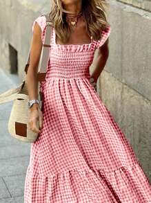 SHEIN LUNE Vestido diario simple de mujer con estampado a cuadros - Rojo - Ver 6