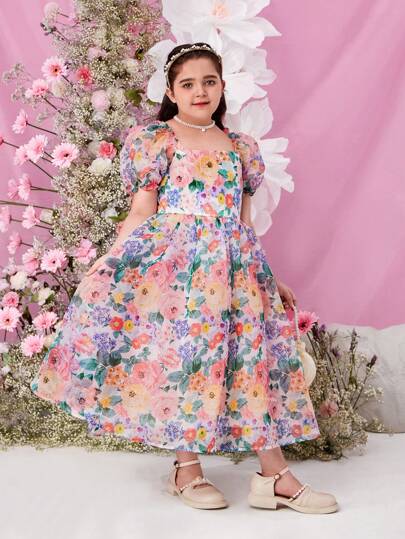 SHEIN Elegant Woven Jacquard Round Neck Short Sleeve Dress For Tween Girls (Extended Sizes), Spring/Summer