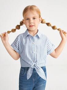 SHEIN 年輕女孩休閒合身落肩極簡條紋襯衫，綁帶肩帶設計 - 彩色 - 查看 4