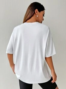 SHEIN EZwear 女士夏季標語卡通印花寬鬆T卹，圓領和垂墜式袖子 - 白色 - 查看 2