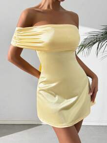SHEIN Foxxy Đầm dự tiệc hở vai gợi cảm mini ngắn bằng vải satin trang phục dành cho nữ - Màu vàng - Xem 5