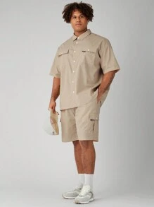 Manfinity VCAY 2 piezas/Conjunto Camisa de trabajo holgada de tejido suelto y talla grande para hombre con mangas cortas caídas y pantalones cortos rectos en la cintura, adecuado para el verano y uso diario