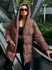 EURMUSE Ladies' Hooded Loose Fit Padded Jacket With Zipper - Brown - View 4