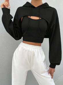 Cottnline Solid Crop Drawstring Hoodie & Cami Top - Black - View 1